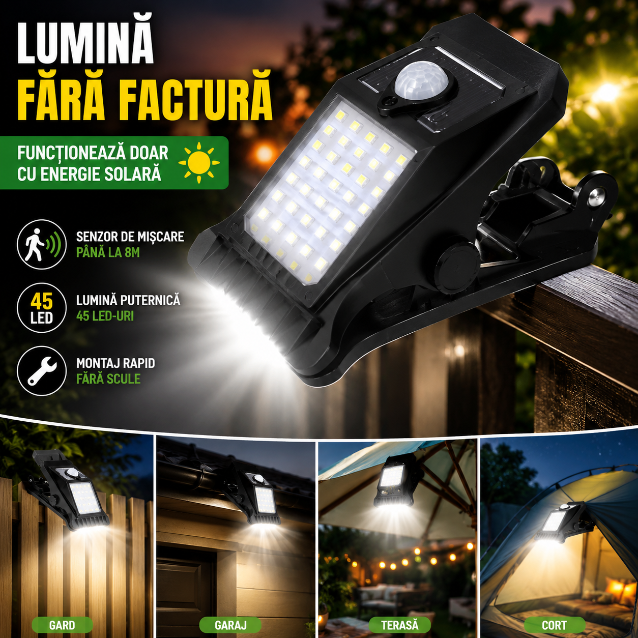 Lampă Solară cu Senzor SunClip™