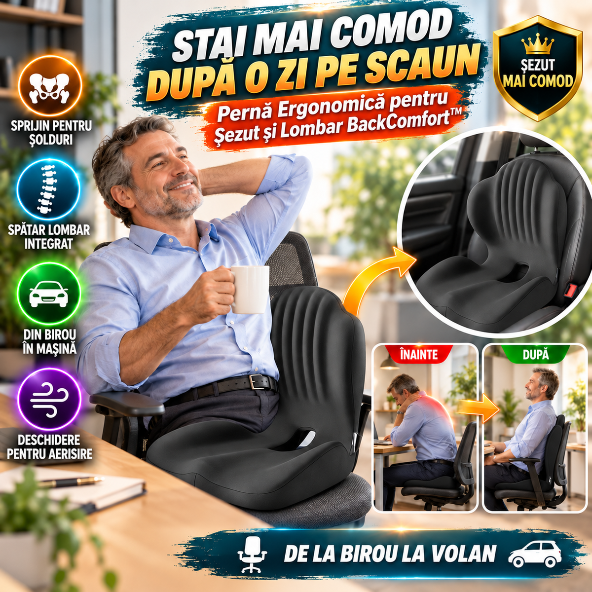 Pernă Ergonomică pentru Șezut și Lombar BackComfort™